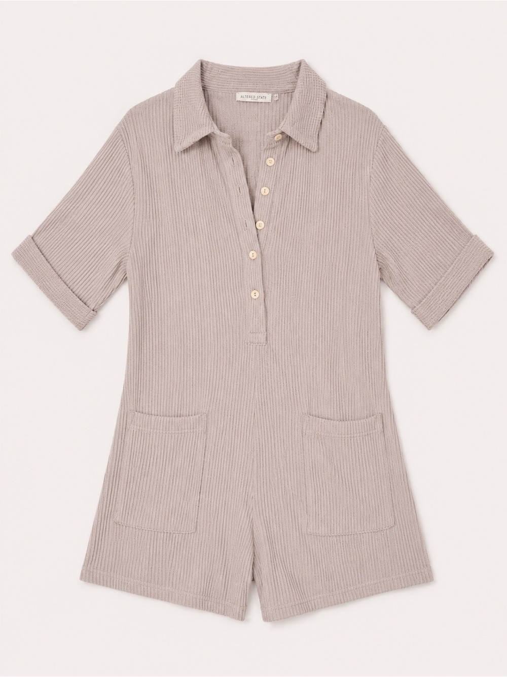 Neutral Ribbed Utility Romper | Small | Beige Collared Button Front